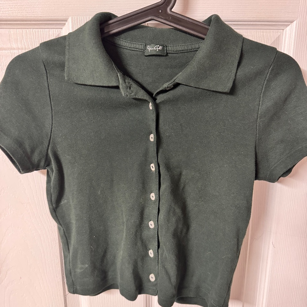 John Galt Green Button-Up Crop Top